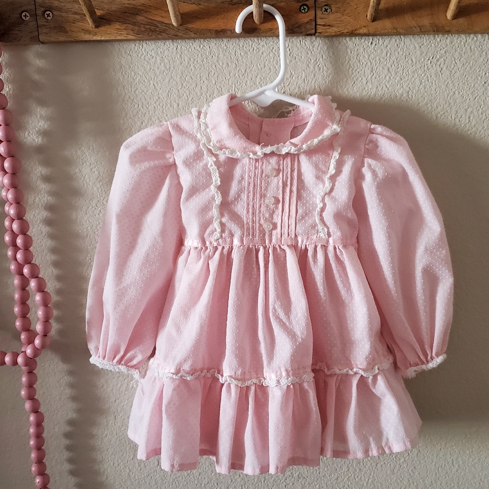 Vintage Frilly Pink Swiss Dot and Lace Dress